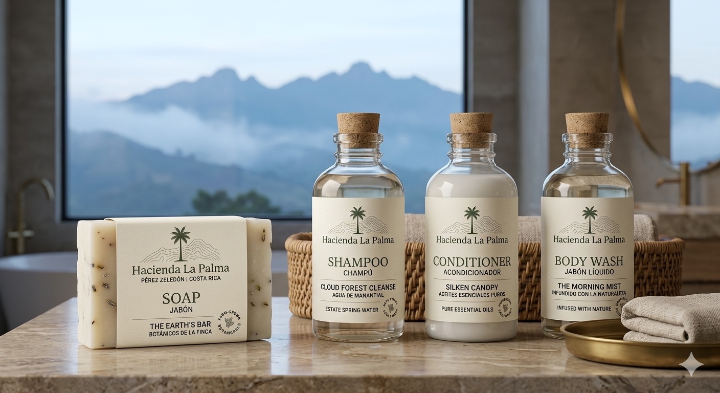 Hacienda La Palma apothecary line — soap, shampoo, conditioner, and body wash made on the farm